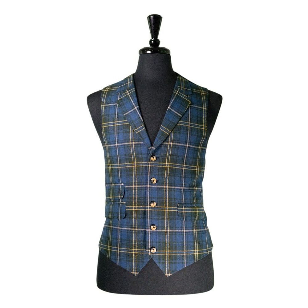Mens 42R Wool Vest Blue Yellow Green Tartan Plaid Waistcoat Preppy Casual Formal